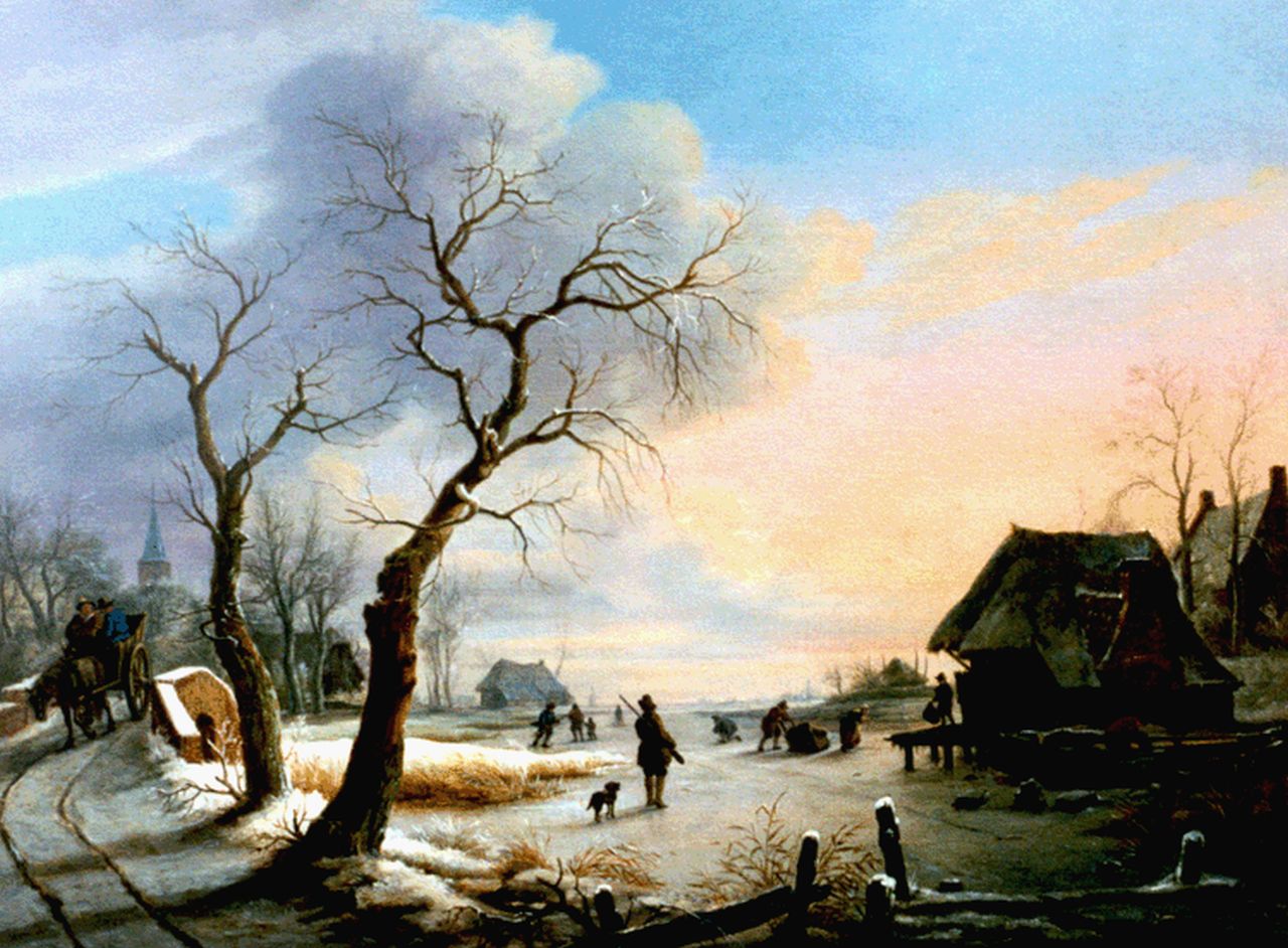 Hansen C.L.  | Carel Lodewijk Hansen, A winter landscape with figures on the ice, oil on canvas 61.3 x 82.3 cm, signed l.c.
