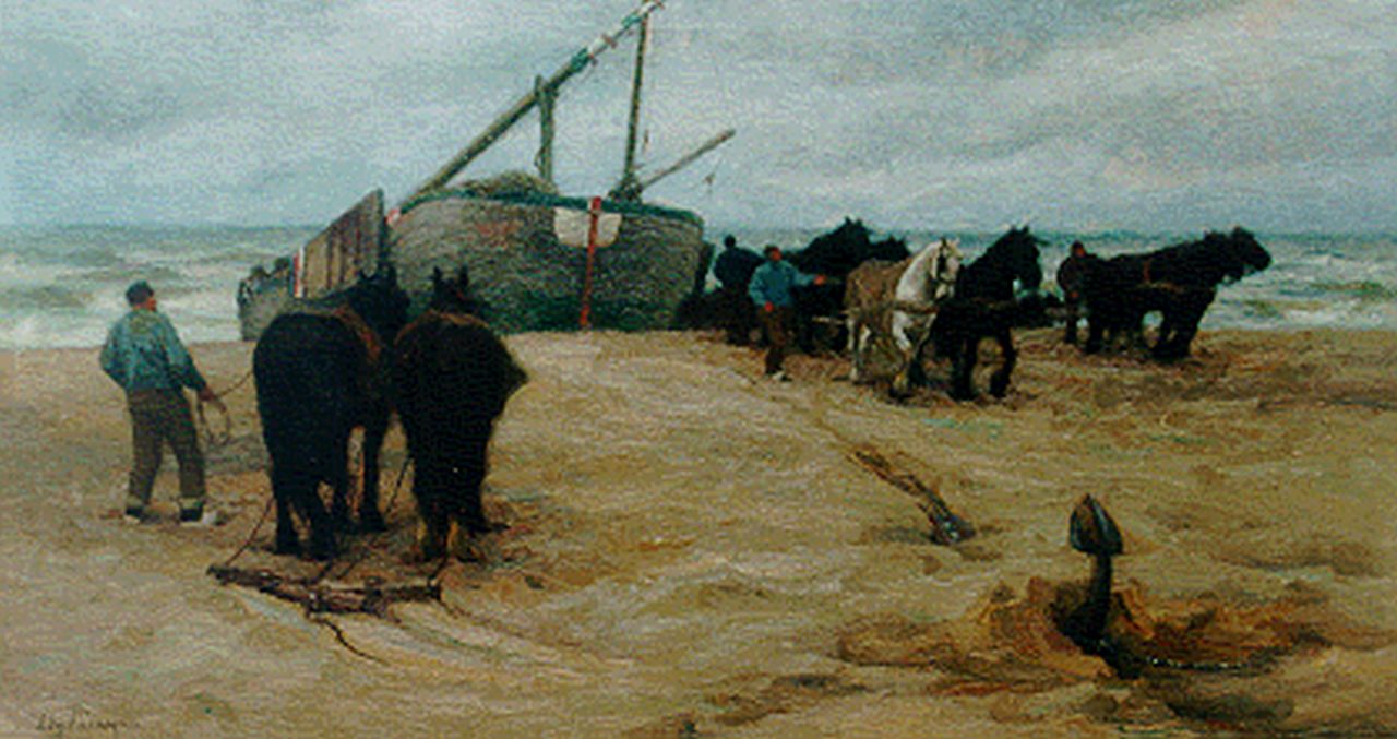 Farasijn E.  | Edgard Farasijn, A 'bomschuit'on the beach, oil on canvas 72.6 x 133.0 cm, signed l.l.