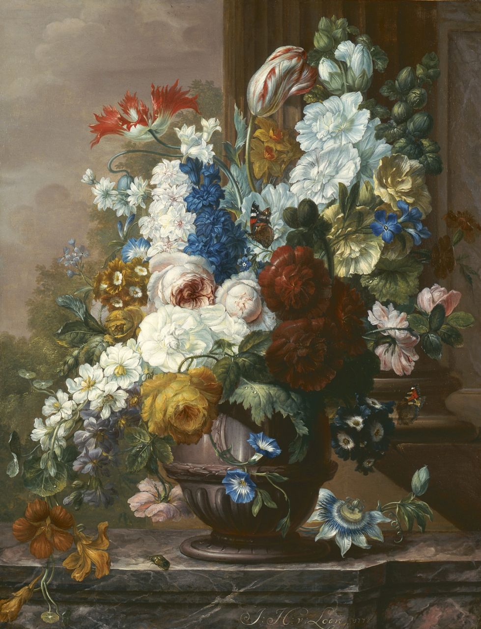 Loon J.H. van | Johannes Hermanus van Loon, A colourful bouquet with butterflies, oil on canvas 68.0 x 51.0 cm, signed l.r. and dated 1778