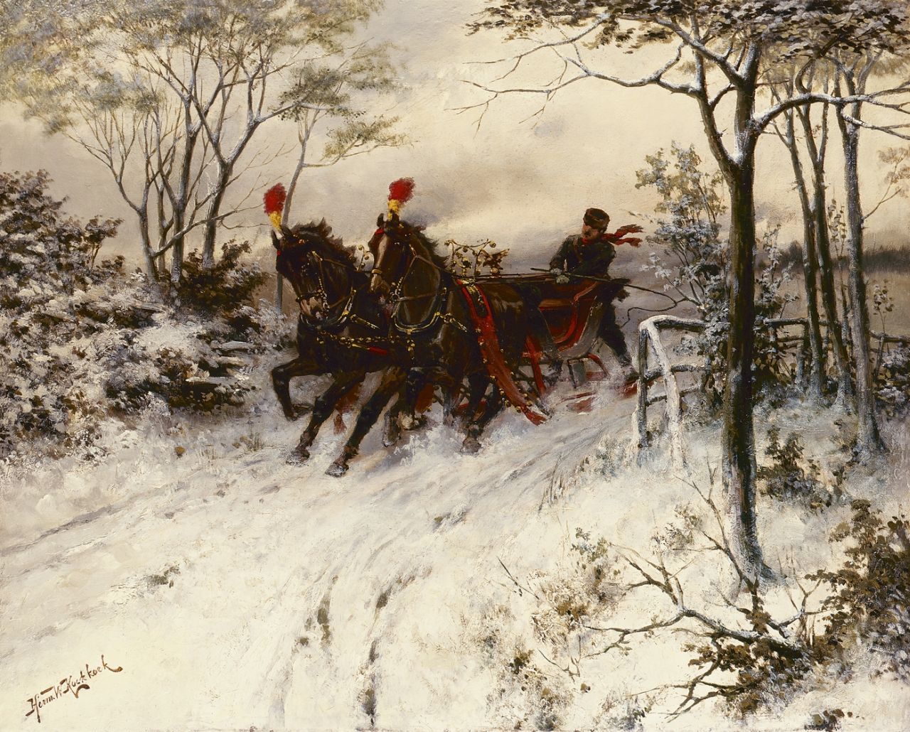 Koekkoek H.W.  | Hermanus Willem Koekkoek, Winter scene, oil on canvas 43.5 x 53.5 cm, signed l.l. and painted ca. 1890
