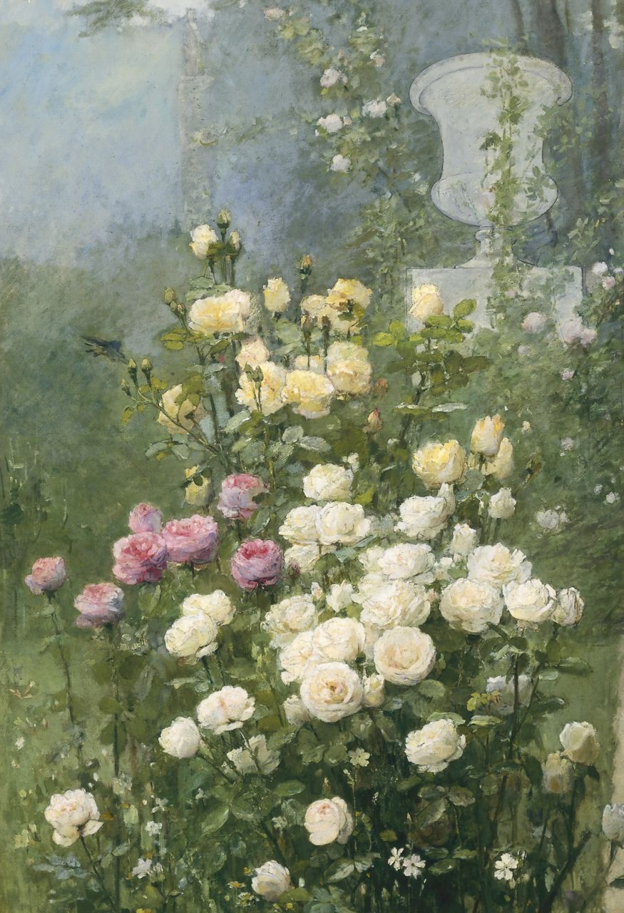 Quost E.  | Ernest Quost, A garden with roses, oil on canvas 151.5 x 90.0 cm, signed l.l.