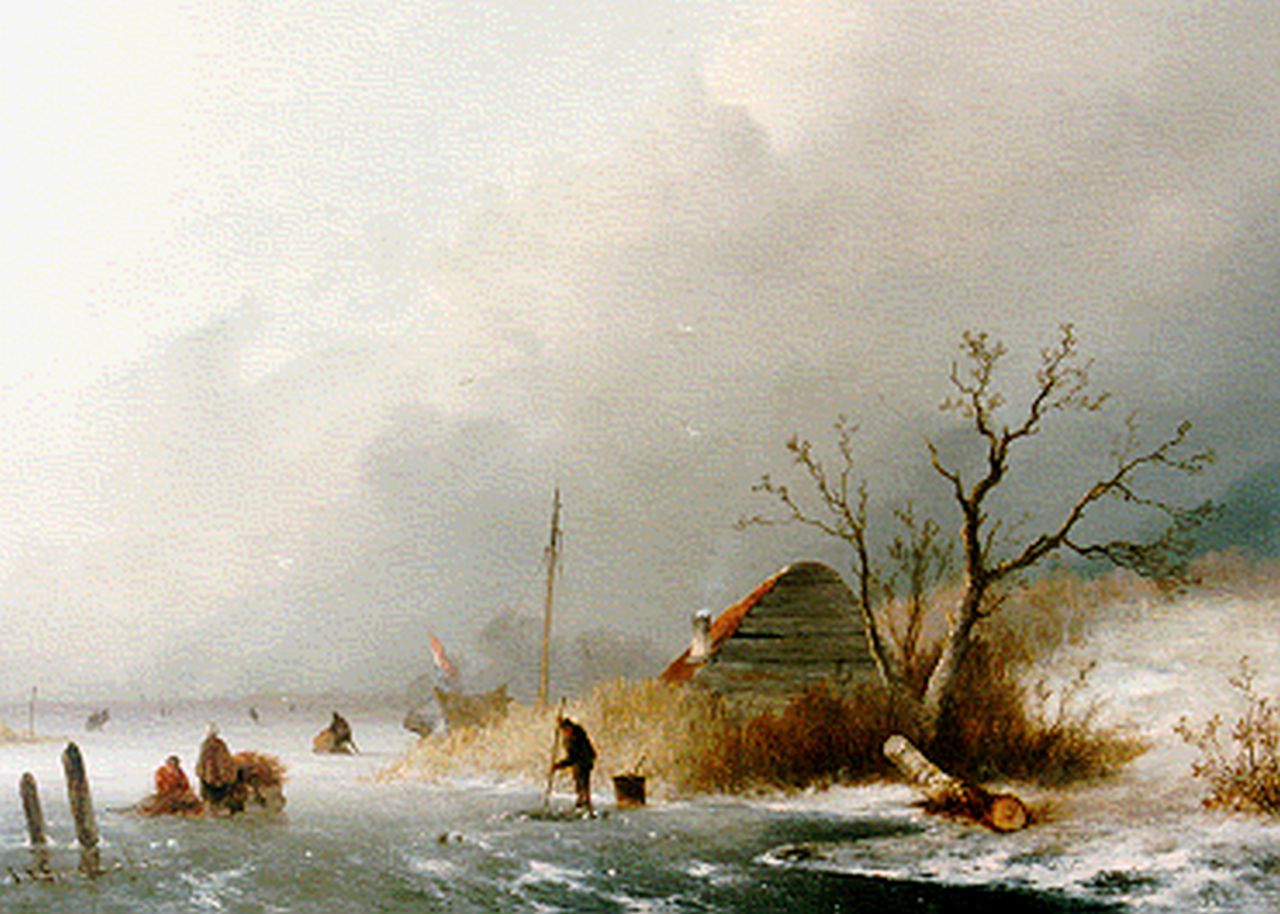 Hoppenbrouwers J.F.  | Johannes Franciscus Hoppenbrouwers, Skaters on a frozen waterway, oil on panel 34.1 x 47.8 cm, signed l.l. and dated '52