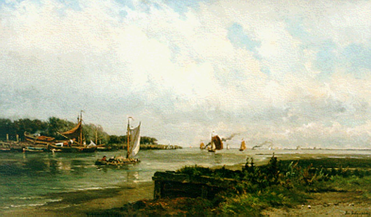 Schampheleer E. de | Edmund de Schampheleer, A river landscape, oil on canvas 84.7 x 140.3 cm, signed l.r. and dated 1892