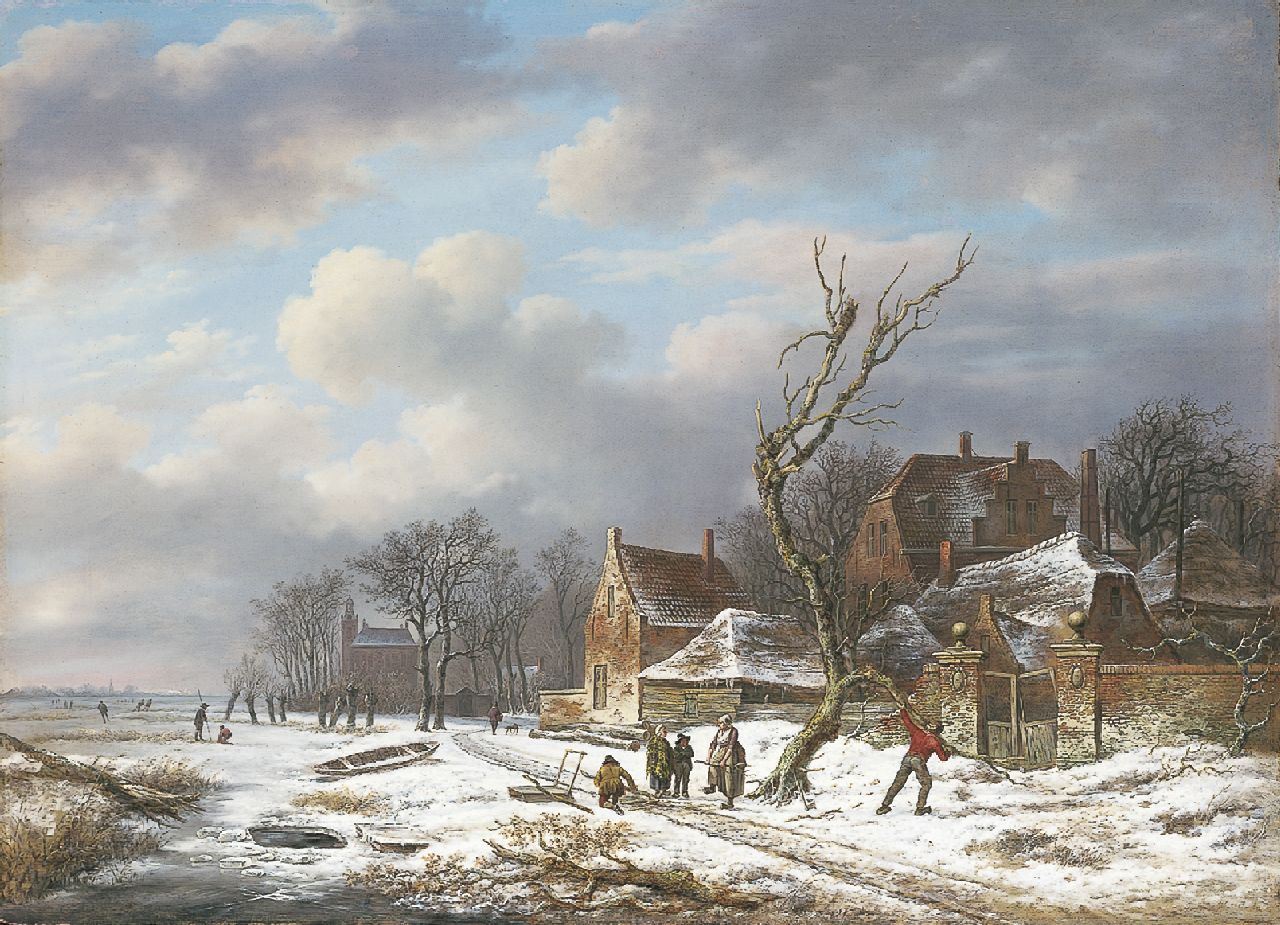 Schelfhout A.  | Andreas Schelfhout, Gathering wood in winter, oil on panel 53.0 x 72.6 cm, signed with traces of signature l.r. and painted circa 1815