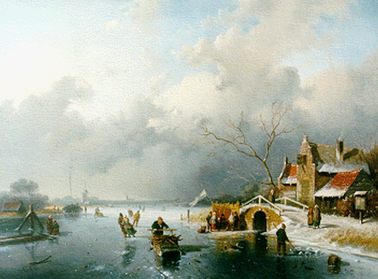Morel II J.E.  | Jan Evert Morel II, A winter landscape with skaters and 'koek-en-zopie', oil on canvas 49.7 x 68.0 cm, signed l.l.