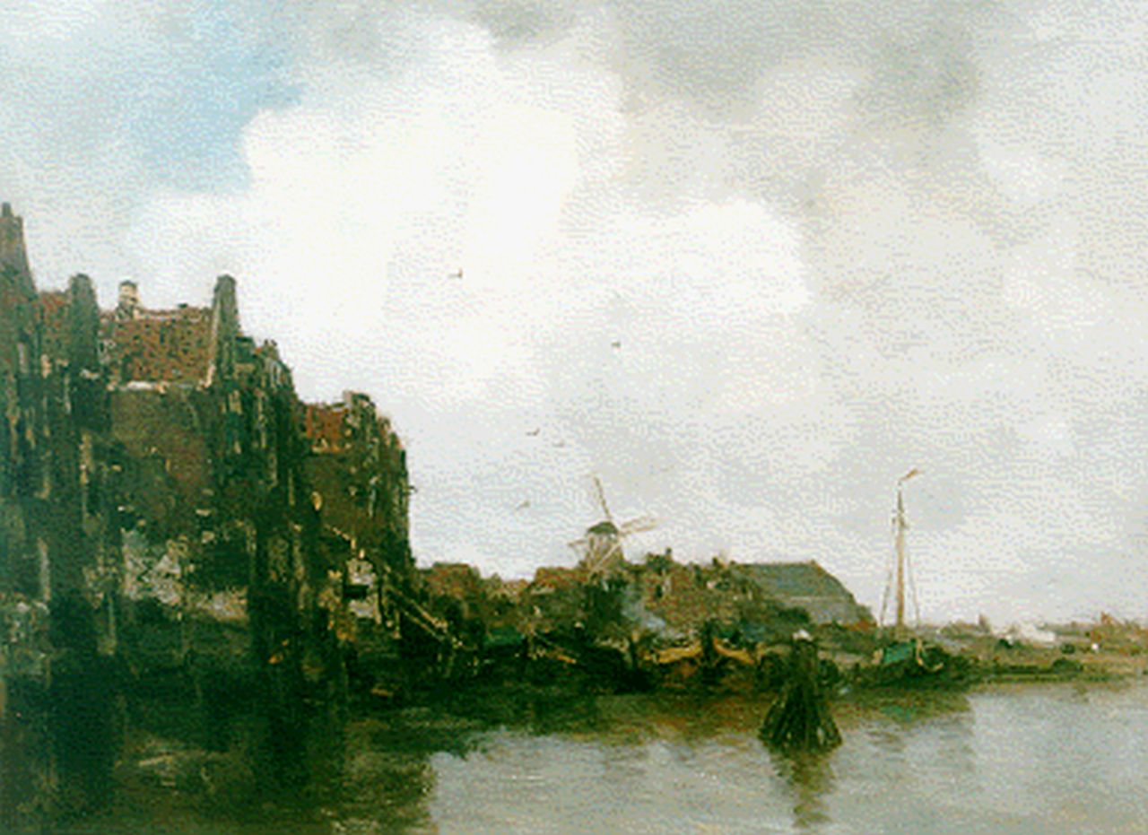 Maris J.H.  | Jacobus Hendricus 'Jacob' Maris, A harbour scene with moored boats, oil on canvas 52.4 x 67.0 cm, signed l.l.