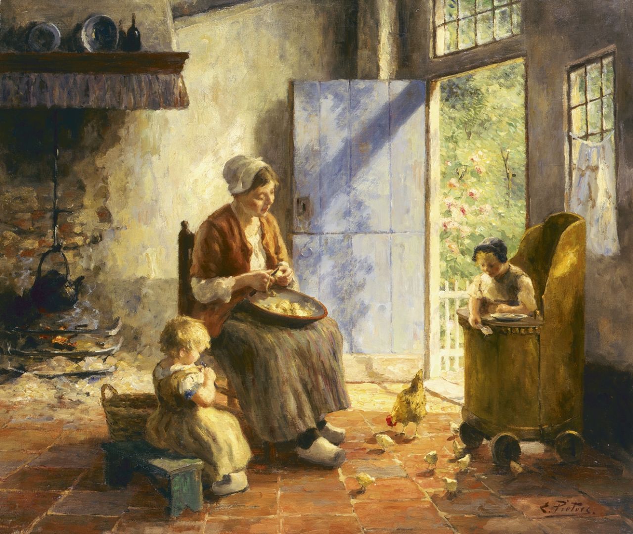 Pieters E.  | Evert Pieters, Peeling potatoes, oil on canvas 78.0 x 91.8 cm, signed l.r.