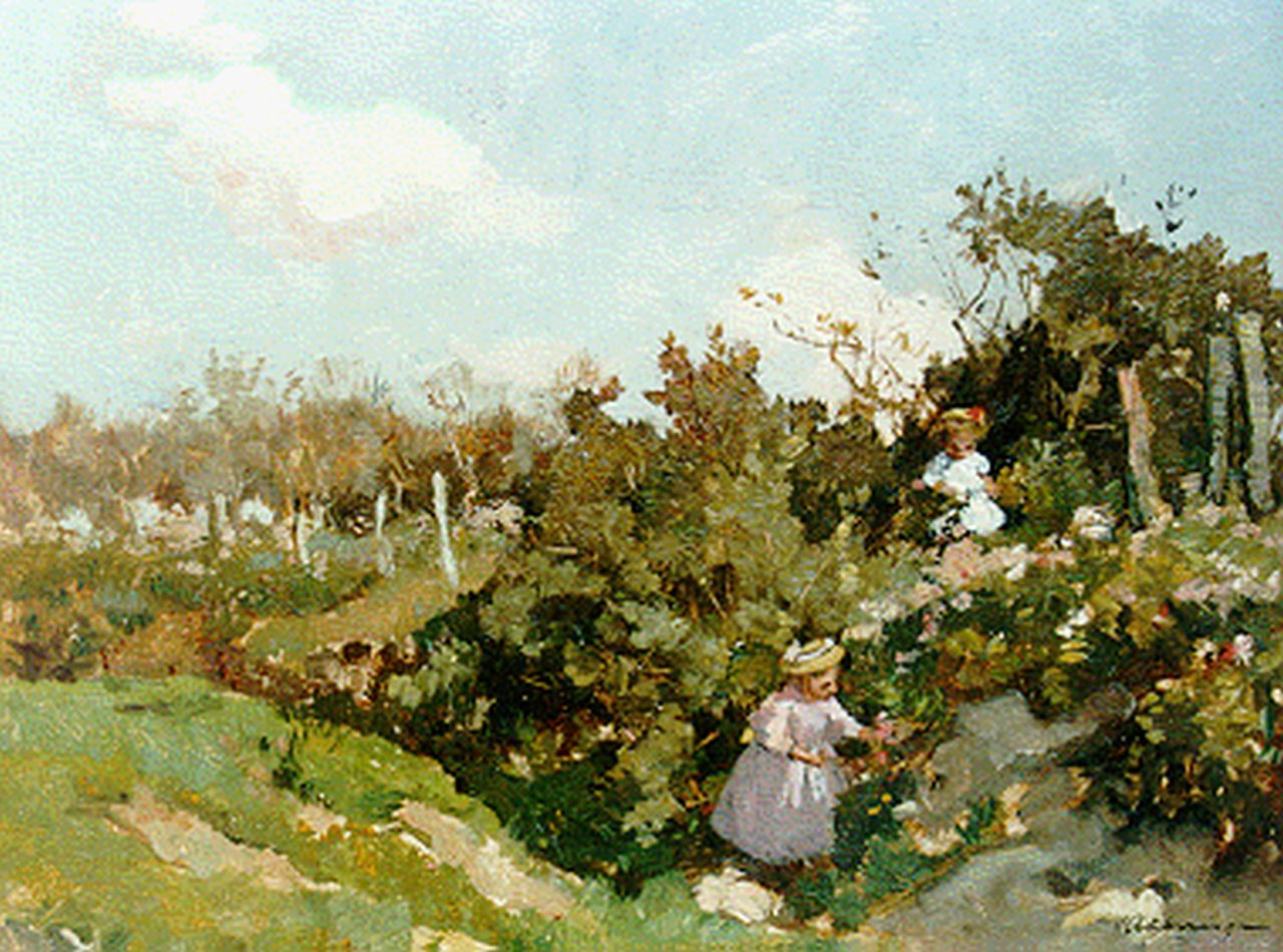 Akkeringa J.E.H.  | 'Johannes Evert' Hendrik Akkeringa, Children picking flowers, oil on panel 32.3 x 40.0 cm, signed l.r.