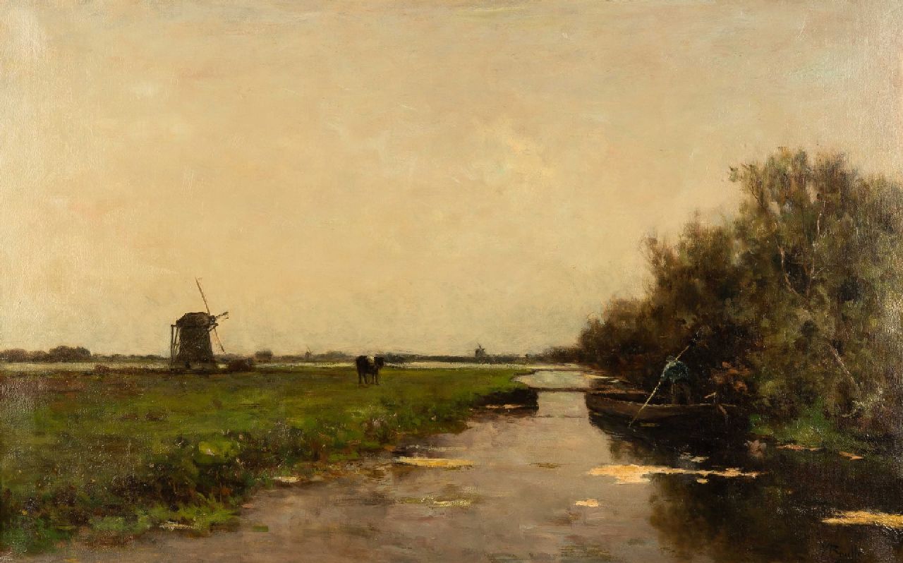 Bauffe V.  | Victor Bauffe, A farmer in a barge in a polder landscape, oil on canvas 63.2 x 100.3 cm, signed l.r.