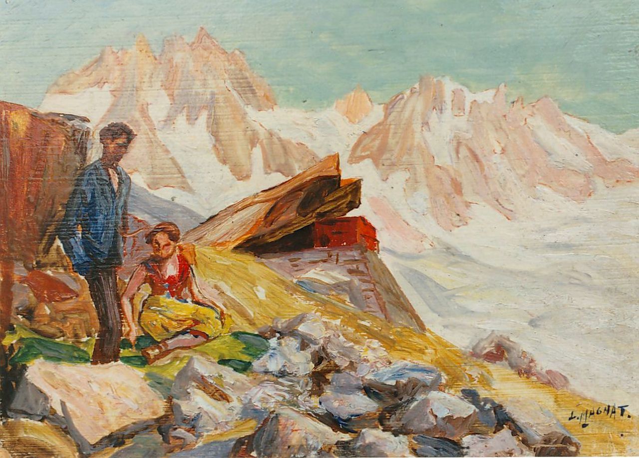 Magnat L.H.  | Louis Henri Magnat, A couple in an mountainous landscape, oil on panel 16.0 x 22.1 cm, signed l.r.