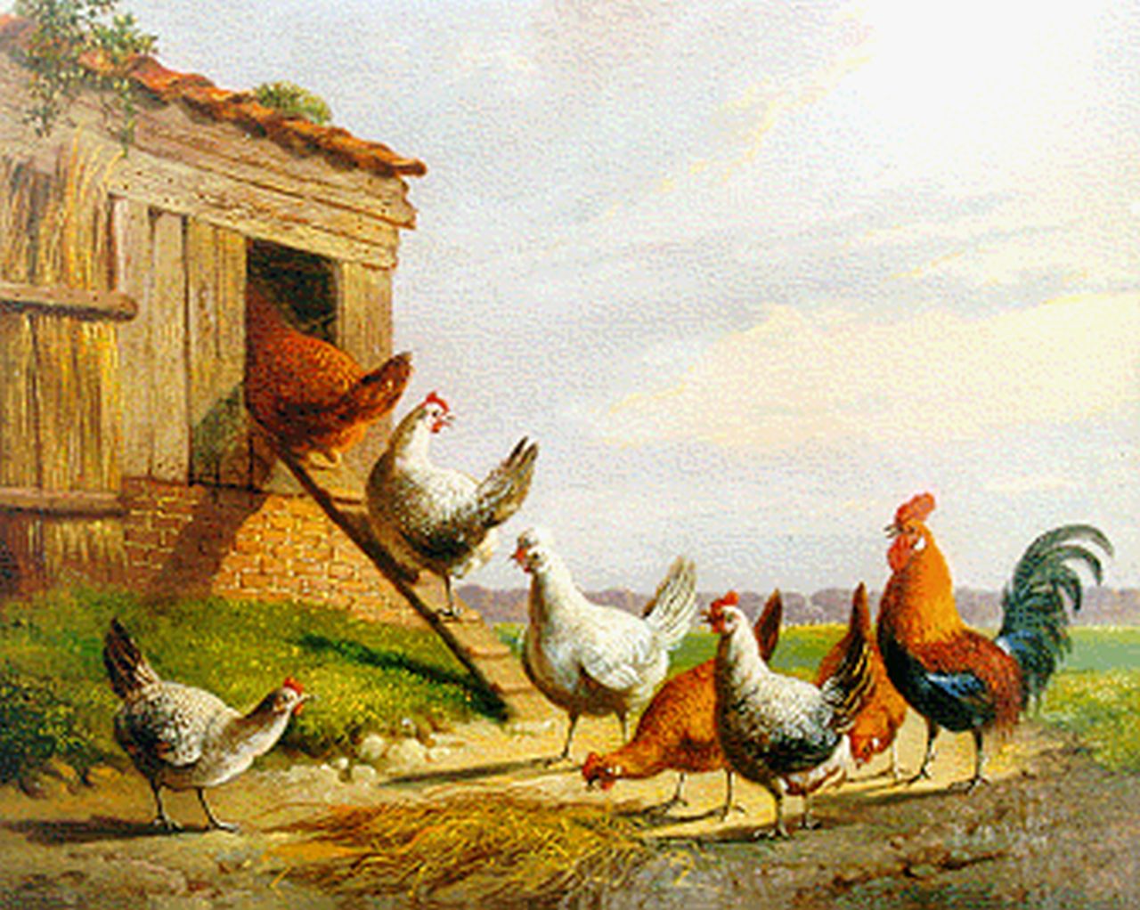 Verhoesen A.  | Albertus Verhoesen, Poultry in a landscape, oil on panel 13.5 x 17.1 cm, signed l.r. and dated 1871