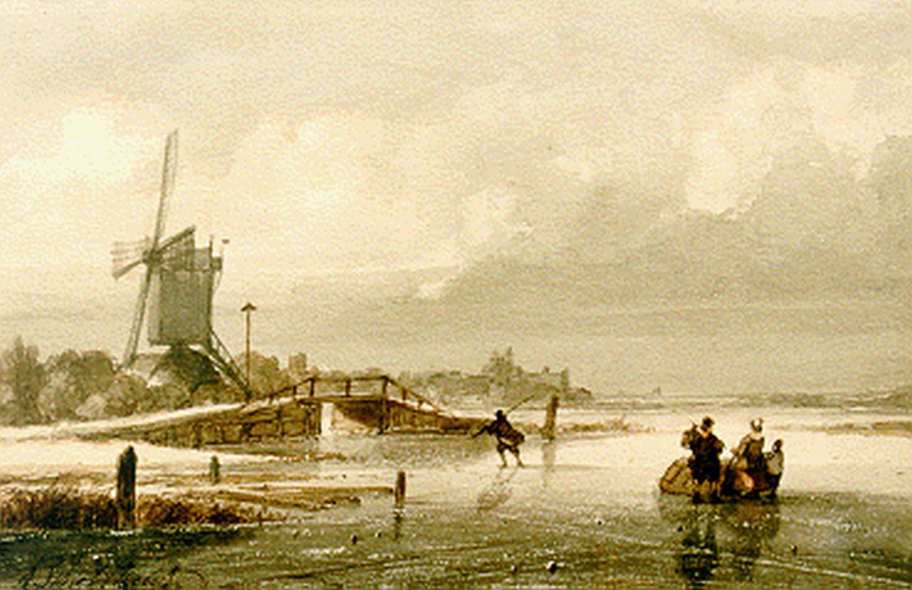 Schelfhout A.  | Andreas Schelfhout, Skaters on the ice, a windmill in the distance, mixed media on paper 13.6 x 20.8 cm, signed l.l.