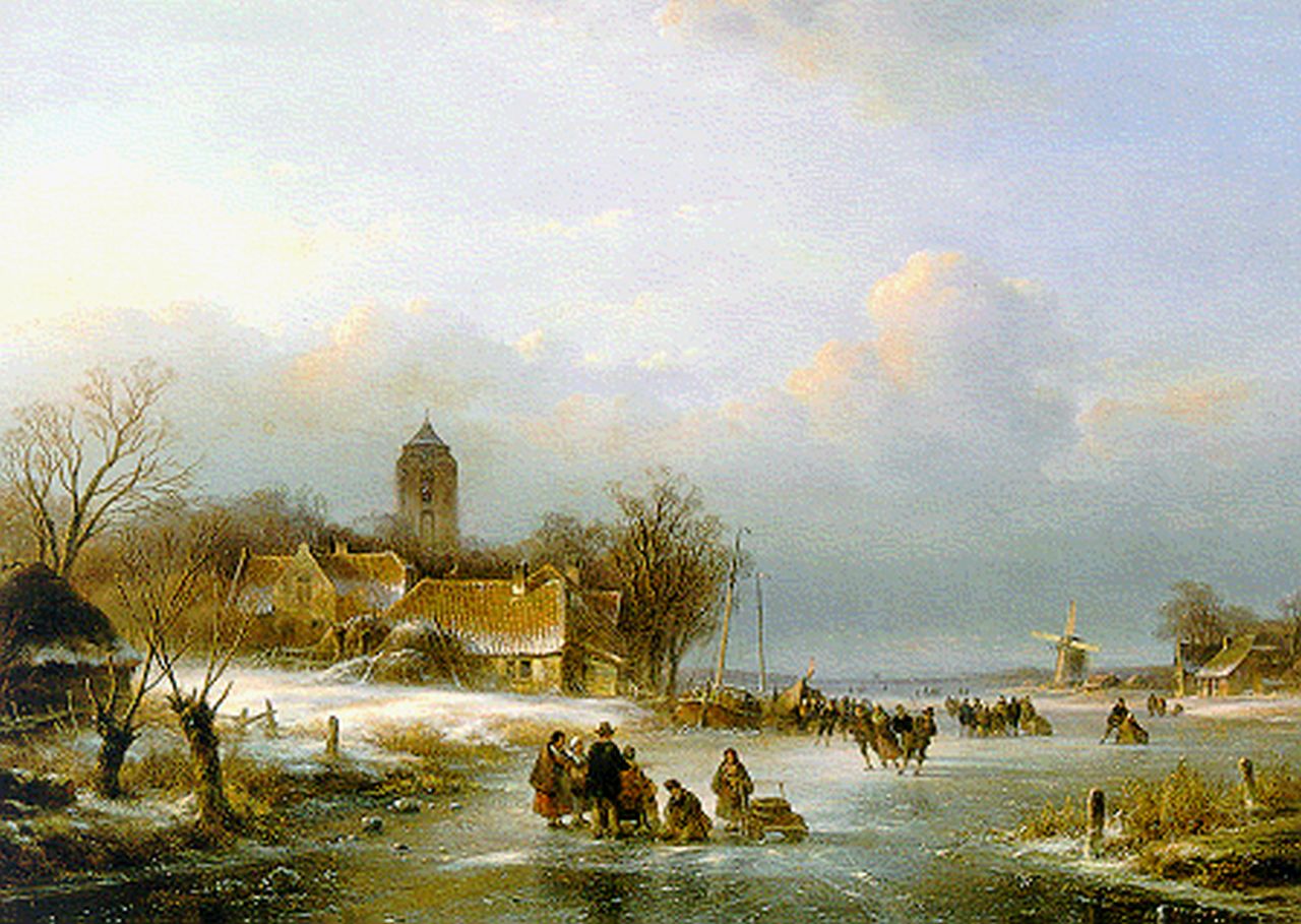 Kleijn L.J.  | Lodewijk Johannes Kleijn, Skaters on the ice by a 'koek en zopie', oil on panel 43.2 x 59.5 cm, signed l.r.