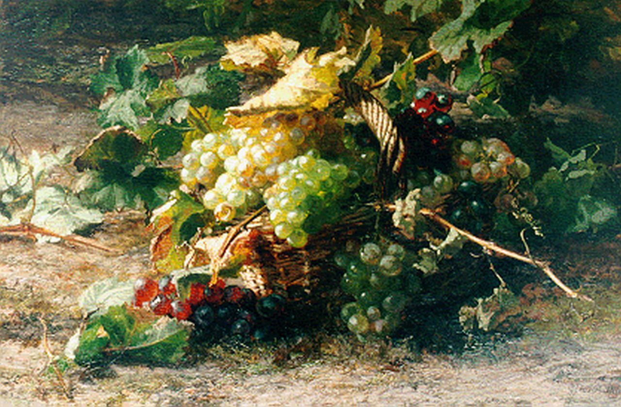 Sande Bakhuyzen G.J. van de | 'Gerardine' Jacoba van de Sande Bakhuyzen, A basket with grapes, oil on canvas 50.8 x 75.7 cm, signed l.r.