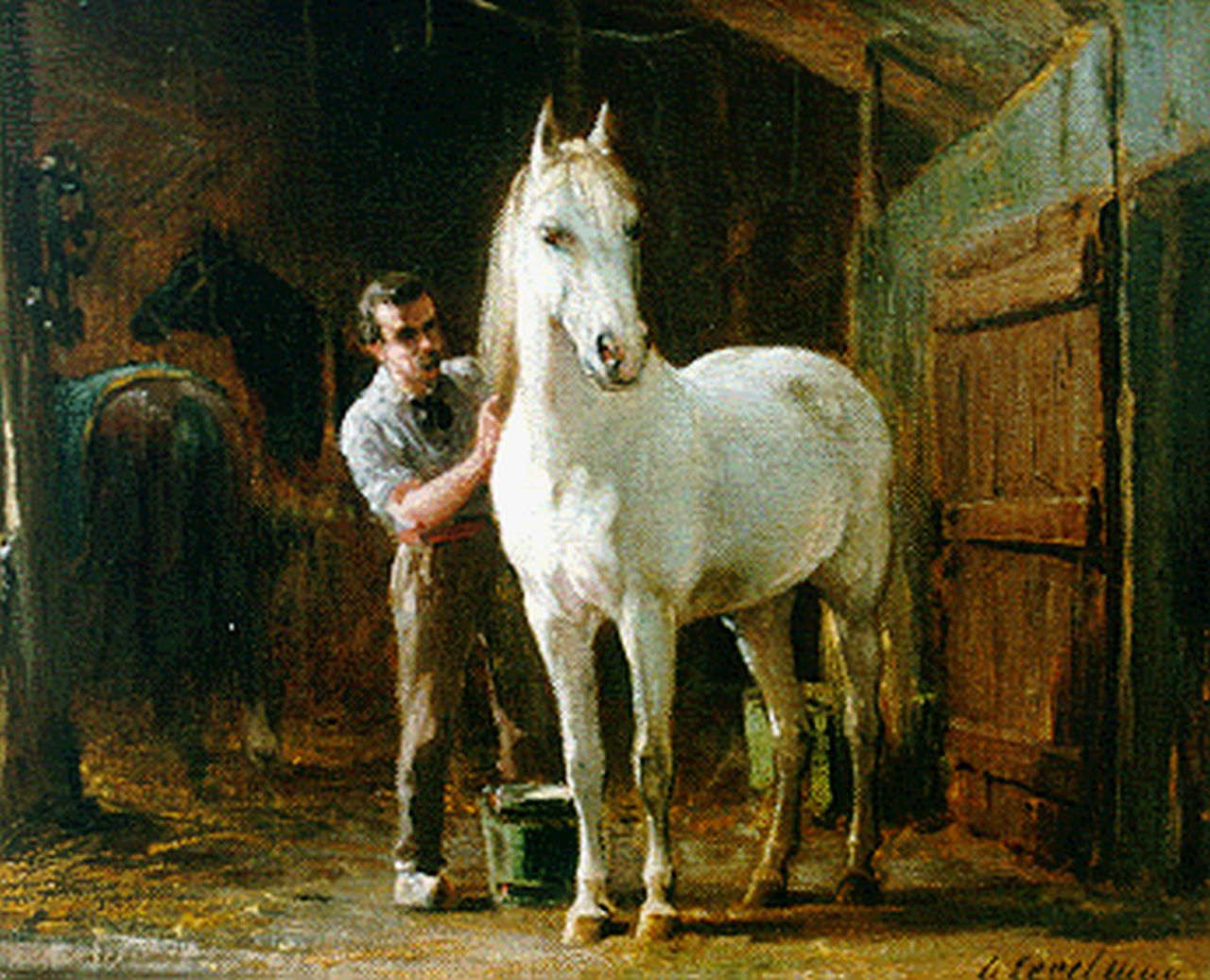 Eerelman O.  | Otto Eerelman, A grey in a stable, oil on canvas 24.0 x 29.2 cm, signed l.r.