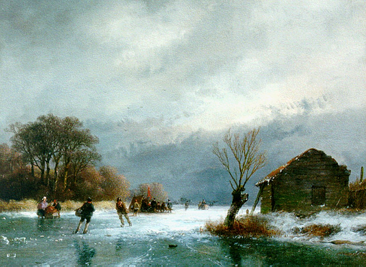 Schelfhout A.  | Andreas Schelfhout, A winter landscape with skaters, oil on panel 21.8 x 29.0 cm, signed l.r. and dated '57