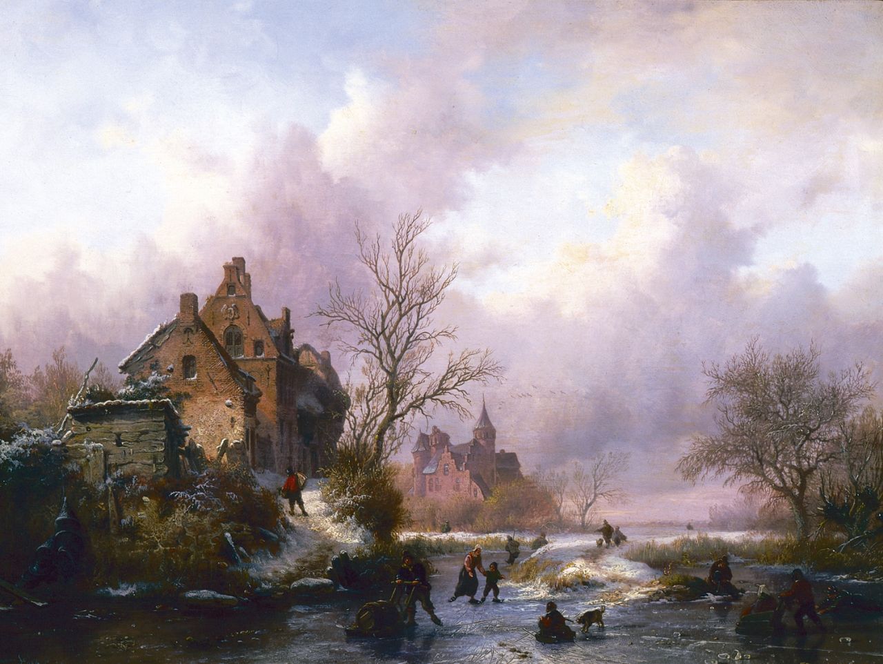 Kruseman F.M.  | Frederik Marinus Kruseman, A winter landscape with skaters on the ice, oil on panel 28.7 x 38.7 cm, signed l.l. and dated 1854