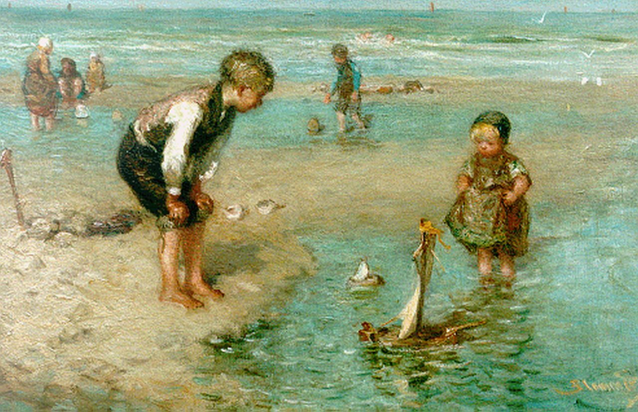 Blommers B.J.  | Bernardus Johannes 'Bernard' Blommers, Children playing in the surf, oil on canvas 36.2 x 54.3 cm, signed l.r.