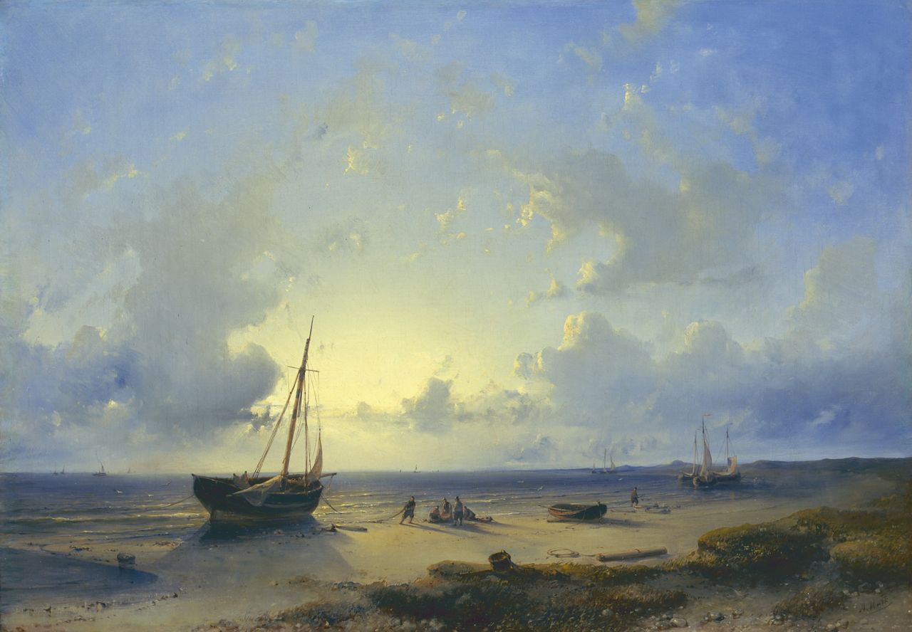 Hulk A.  | Abraham Hulk, A Dutch coastal scene at sunset, oil on canvas 43.4 x 61.2 cm, signed l.r.