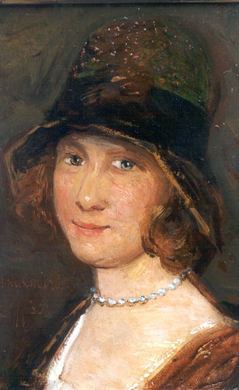 Maris S.W.  | Simon Willem Maris, A young woman with a  hat, oil on panel 21.6 x 14.6 cm, signed l.l.