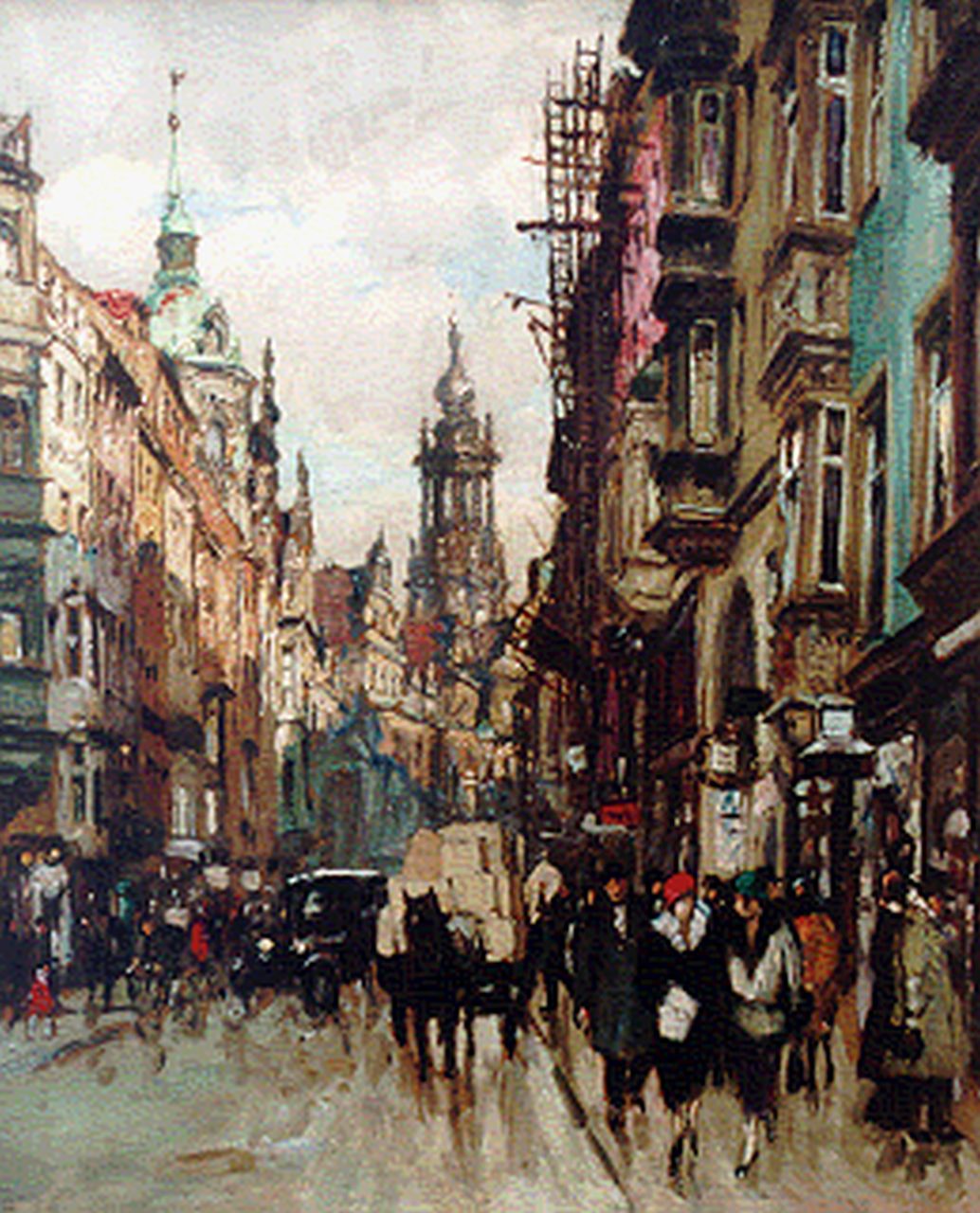 Beckert F.  | Fritz Beckert, A busy street, Dresden, 53.0 x 44.0 cm, signed l.l. and dated 1924