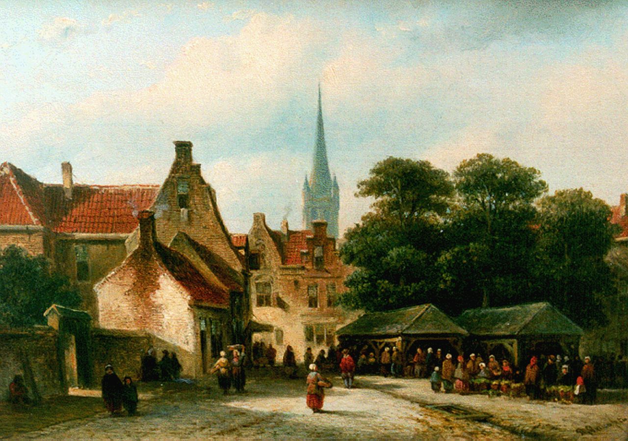 Vertin P.G.  | Petrus Gerardus Vertin, Townsfolk on a square, oil on panel 19.9 x 27.9 cm, signed l.r.