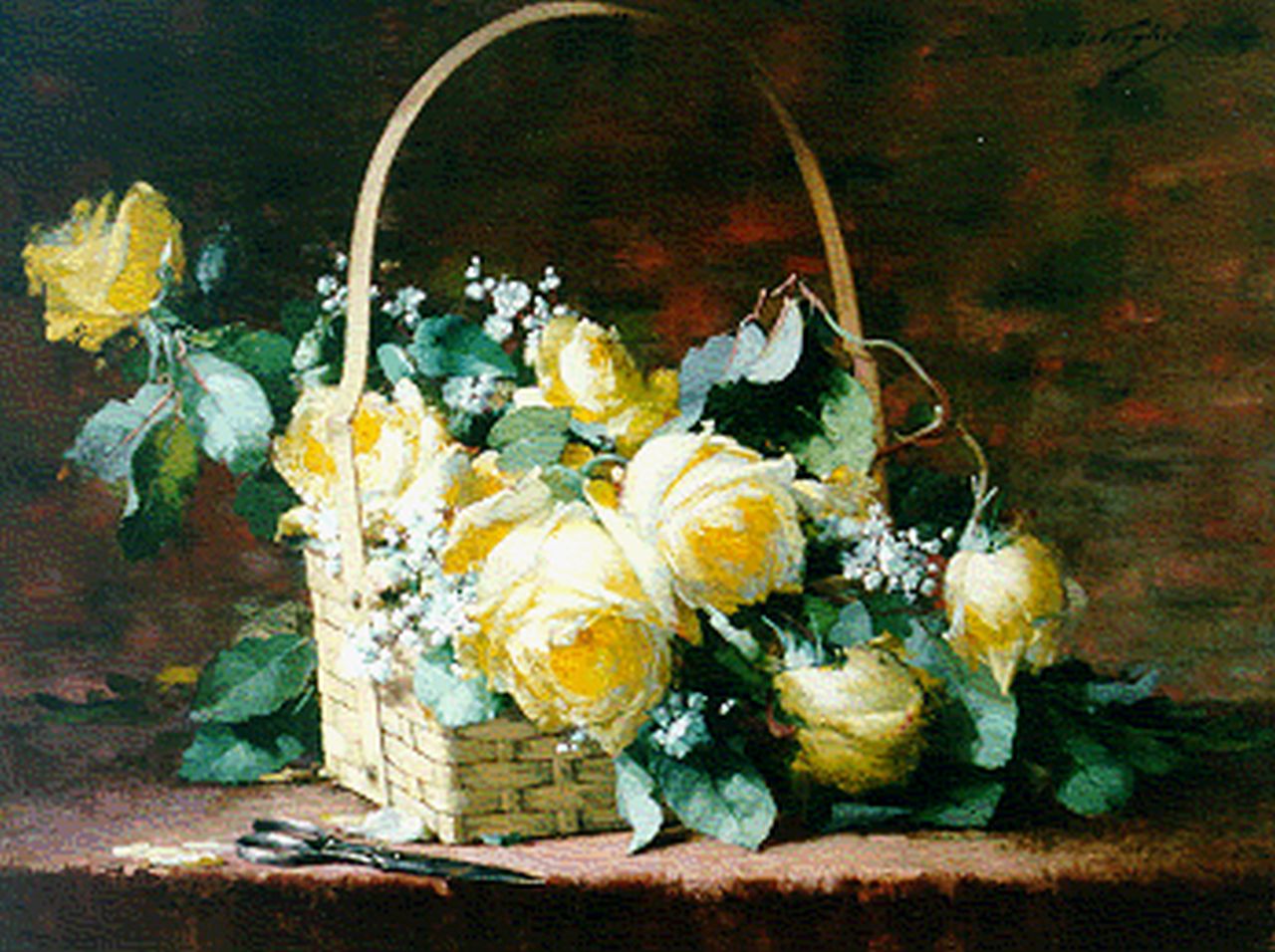 Désiré de Keghel | Yellow roses in a basket, oil on canvas, 45.4 x 60.2 cm, signed u.r.