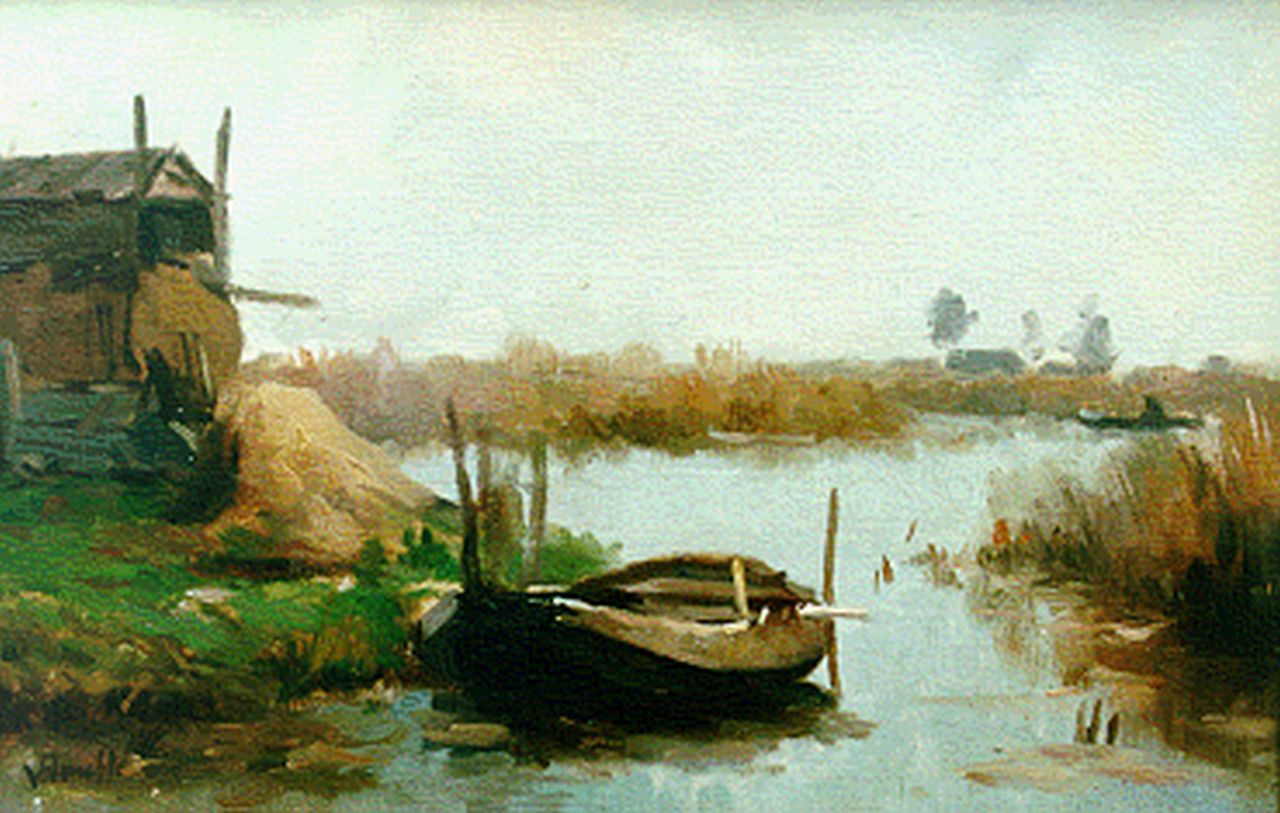 Bauffe V.  | Victor Bauffe, A river landscape with a moored barge, oil on panel 26.0 x 39.0 cm, signed l.l.