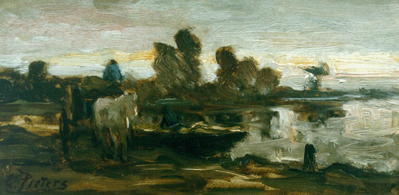 Pieters E.  | Evert Pieters, Horsedrawn cart in a landscape, oil on panel 14.5 x 28.3 cm, signed l.l.