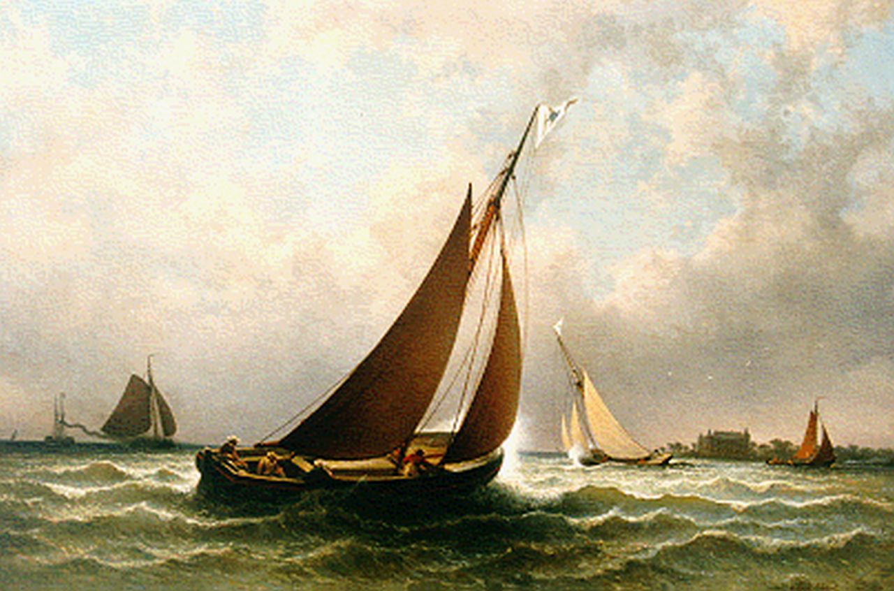 Hilverdink J.  | Johannes Hilverdink, Sailing race, the Muiderslot in the distance, oil on canvas 65.0 x 95.0 cm, signed l.r. and dated 1882