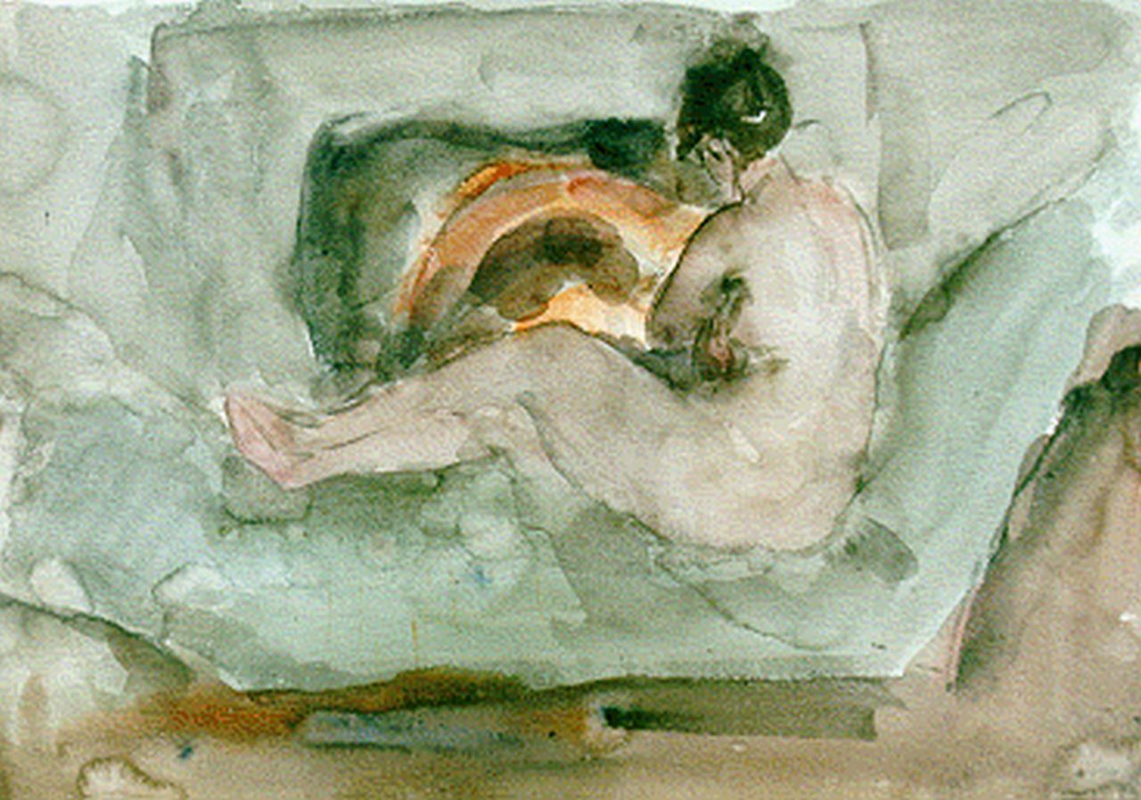 Israels I.L.  | 'Isaac' Lazarus Israels, A reclining nude in front of a fire-place, watercolour on paper 35.4 x 50.6 cm, dated 1930