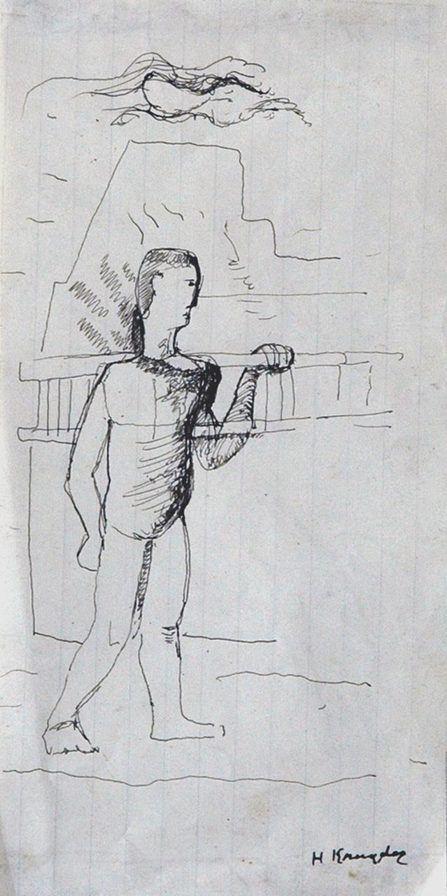 Kruyder H.J.  | 'Herman' Justus Kruyder, A man carrying his ladder, pen and ink on paper 19.4 x 9.7 cm, signed l.r.