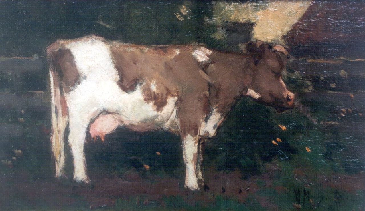 Mauve A.  | Anthonij 'Anton' Mauve, A cow, oil on canvas laid down on panel 16.0 x 27.5 cm