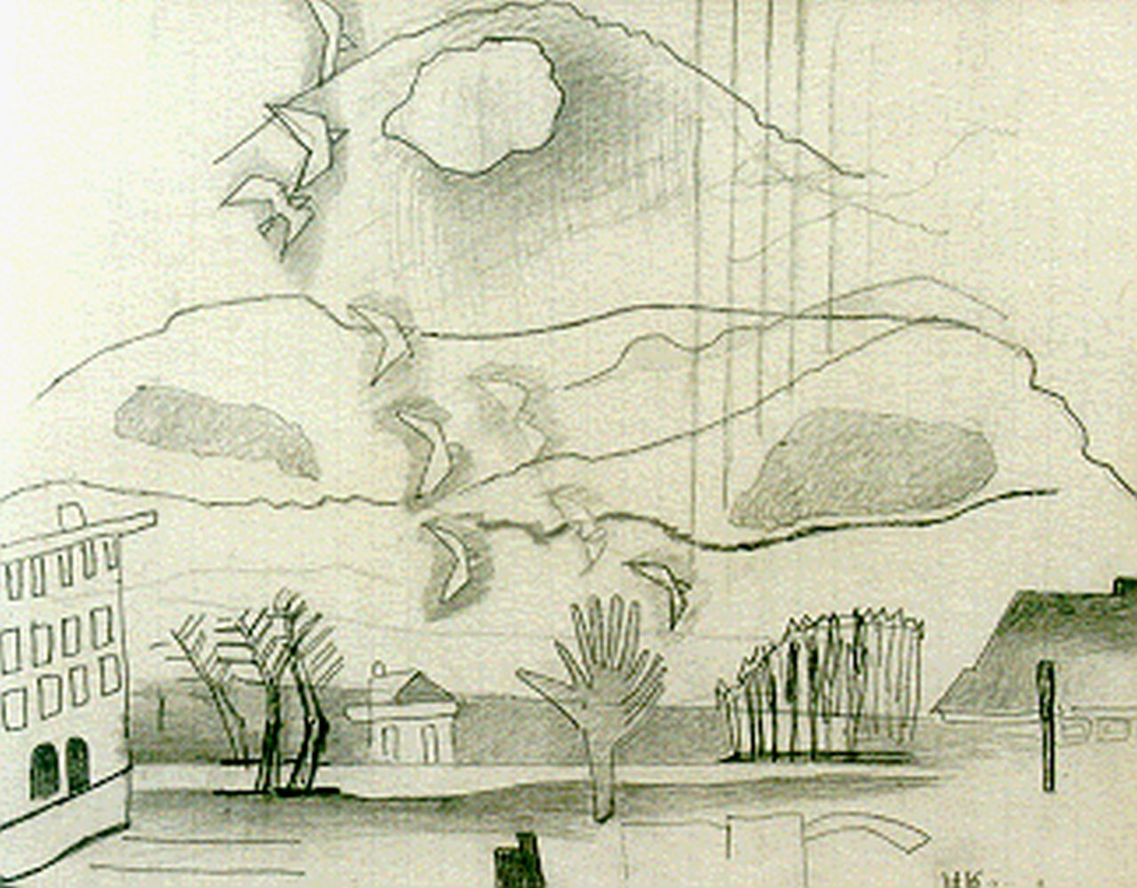 Kruyder H.J.  | 'Herman' Justus Kruyder, Landscape with birds, pencil on paper 19.7 x 24.8 cm, signed l.r.