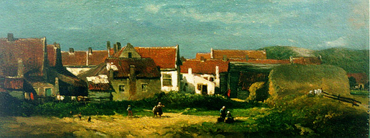 Verveer S.L.  | 'Salomon' Leonardus Verveer, A village behind the dunes, oil on canvas laid down on painter's board 19.0 x 47.0 cm, signed l.l.
