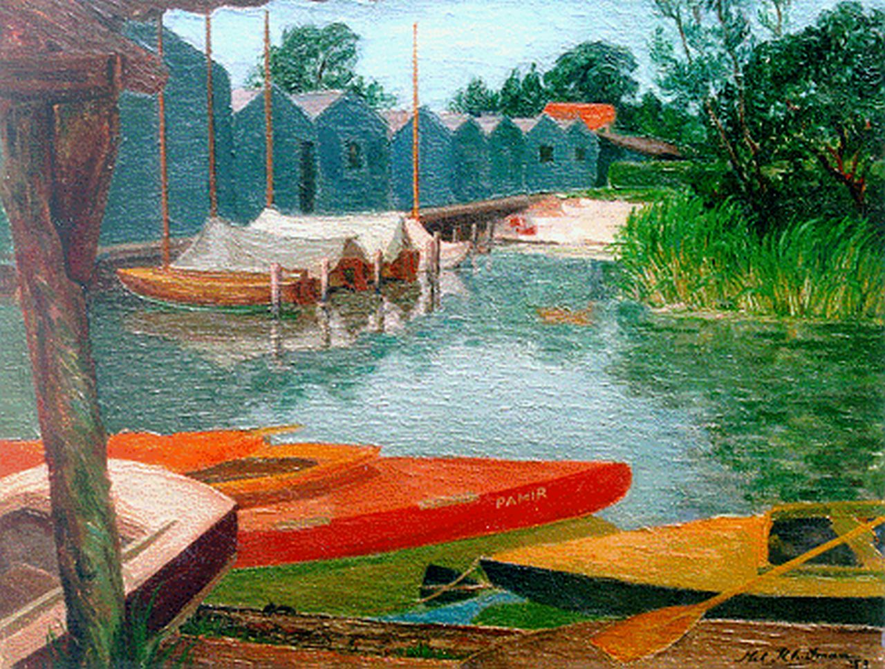 Kluitman P.J.M.  | Petronella Johanna Marie 'Nel' Kluitman, A plank bridge, oil on canvas 40.2 x 50.2 cm, signed l.r. and dated '59