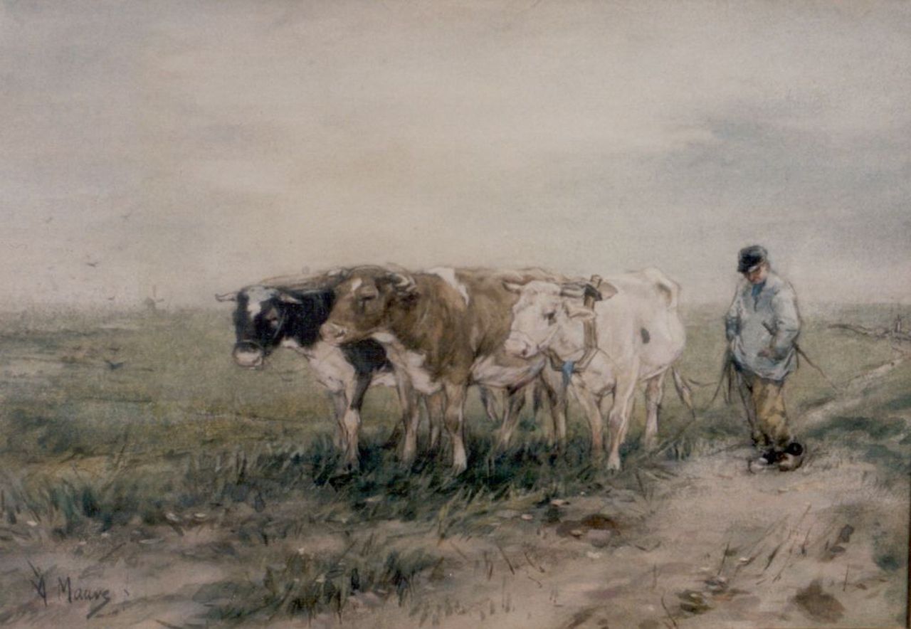 Mauve A.  | Anthonij 'Anton' Mauve, A farmer and oxes, watercolour on paper 22.5 x 32.5 cm, signed l.l.