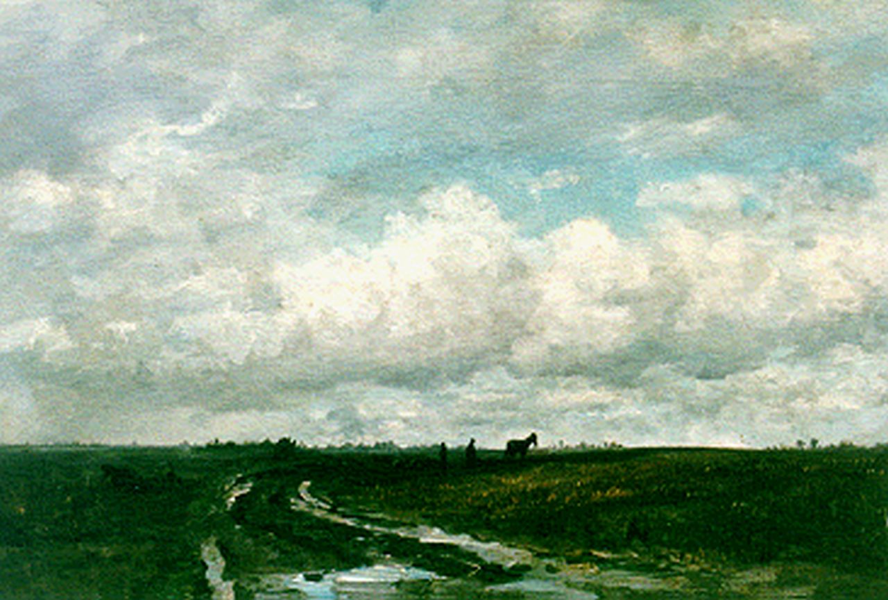 Mesdag H.W.  | Hendrik Willem Mesdag, A polder landscape with a  ploughing farmer, oil on canvas 49.2 x 78.4 cm, painted circa 1877