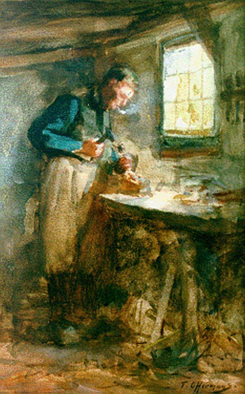 Offermans A.L.G.  | Anton Lodewijk George 'Tony' Offermans, De klompenmaker, watercolour on paper 26.5 x 17.5 cm, gesigneerd rechtsonder