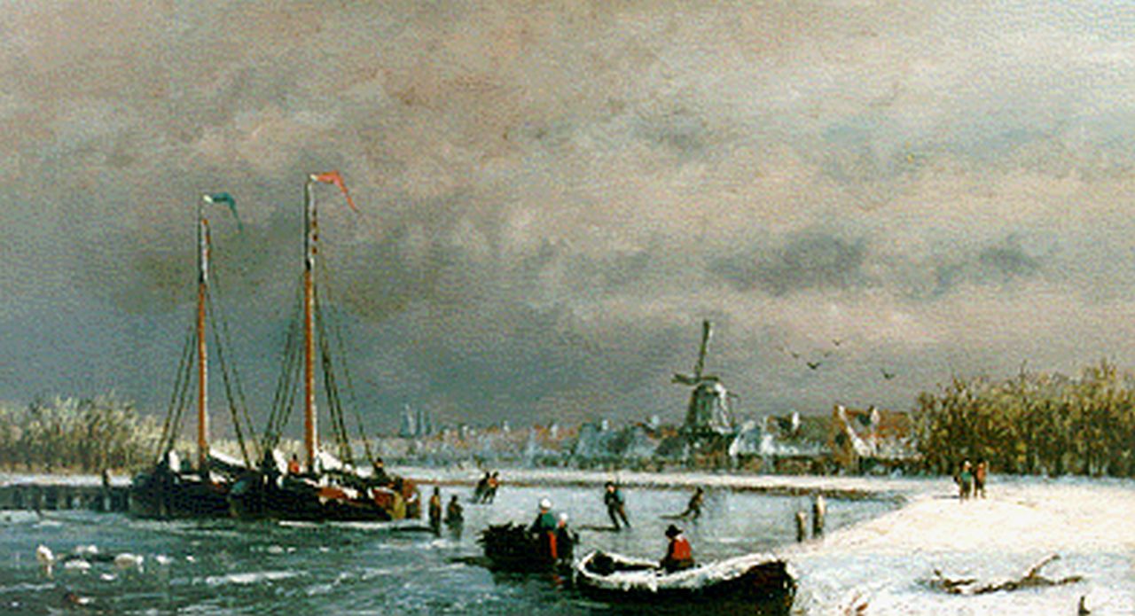Hulk H.  | Hendrik Hulk, A frozen waterway with moored boats, oil on canvas 18.2 x 30.0 cm, signed l.r.