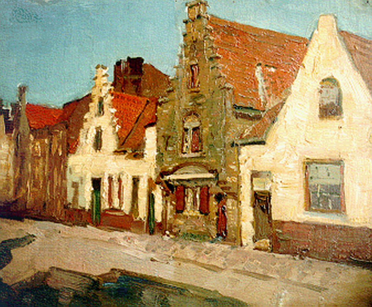 Beek B.A. van | Bernardus Antonie van Beek, A sunlit street, Brugge, oil on panel 27.4 x 31.7 cm, signed l.r.