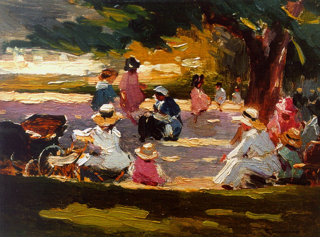 Simons T.  | Tilla Simons, Figures in a park, oil on panel 13.5 x 17.9 cm, signed l.r.
