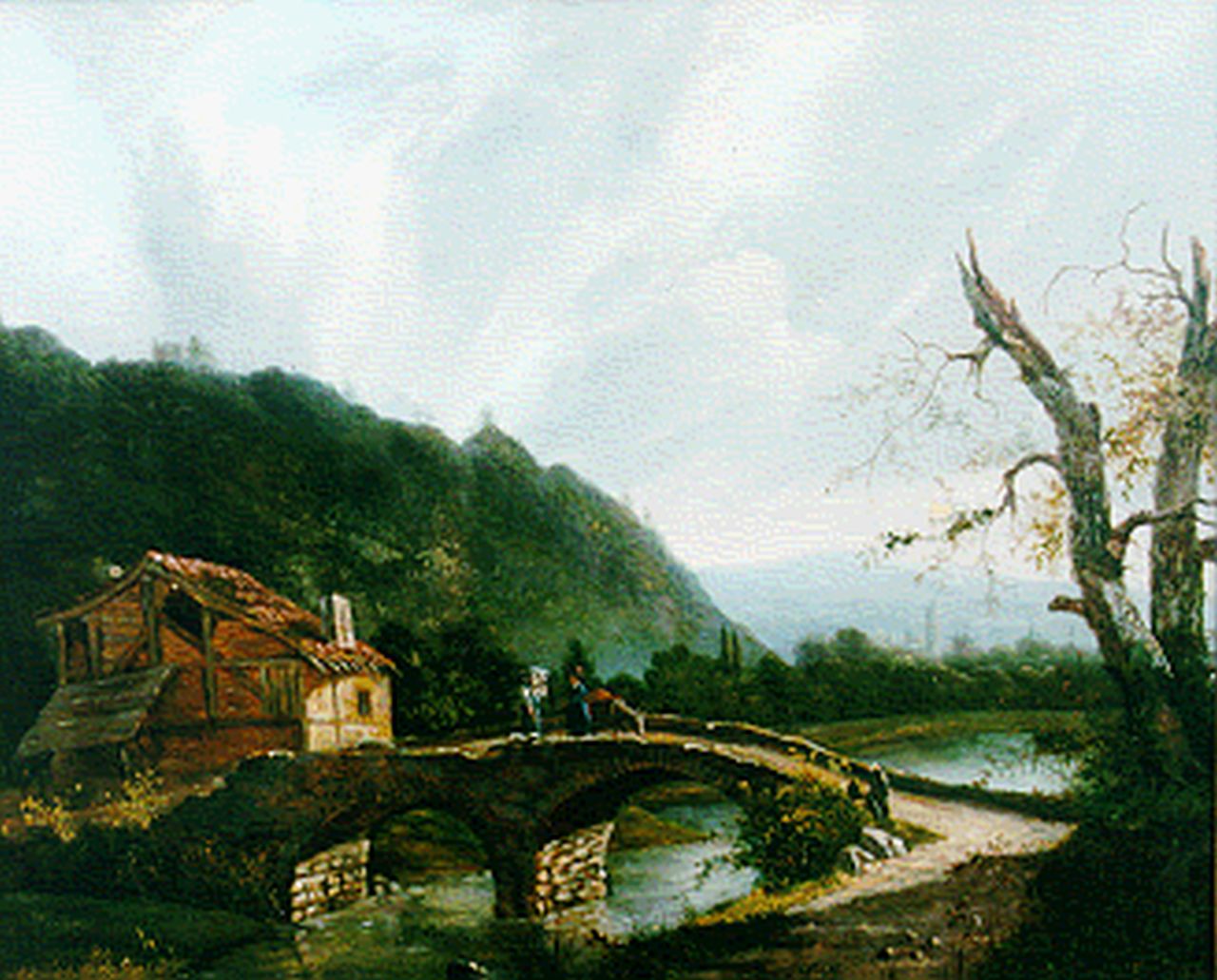 Nooteboom J.H.J.  | Jacobus Hendricus Johannes  Nooteboom, Mountainous landscape with figures on a bridge, oil on panel 35.3 x 43.1 cm, signed l.r.