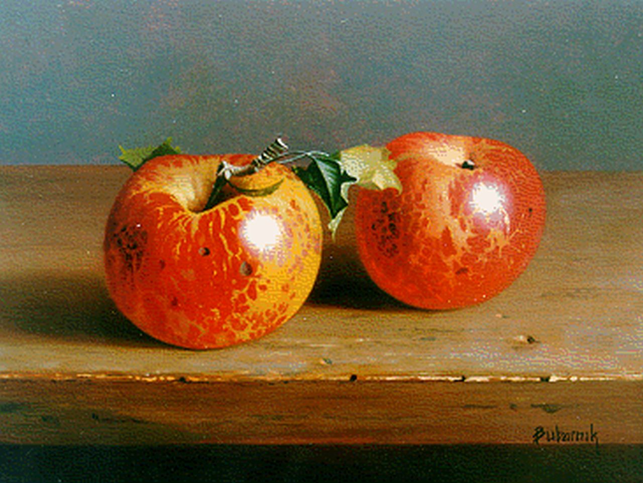 Bubarnik G.  | Gyula Bubarnik, A still life with apples, oil on panel 17.9 x 23.9 cm, signed l.r.