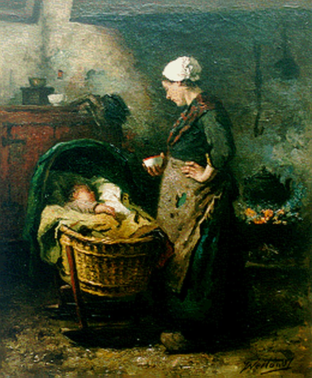 Weiland J.  | Johannes Weiland, Mother and child, oil on canvas 65.5 x 54.3 cm, signed l.r.