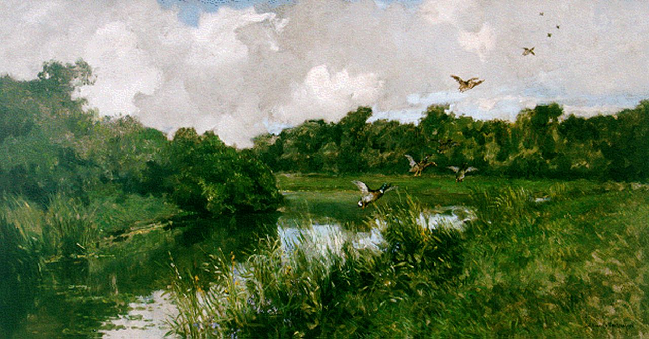 Mastenbroek J.H. van | Johan Hendrik van Mastenbroek, A river landscape with ducks flying up, oil on canvas 68.4 x 128.5 cm, signed l.r. and dated 1936