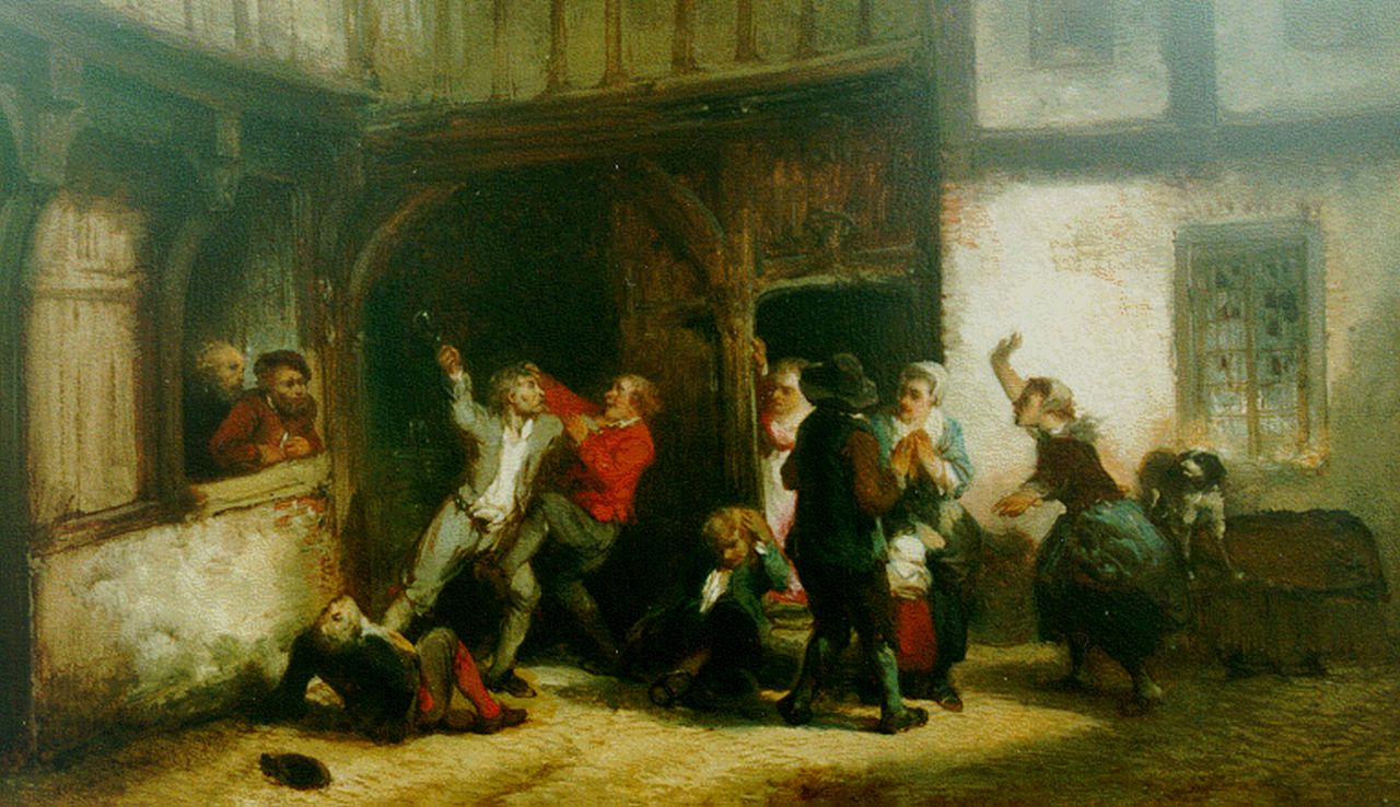 Kate H.F.C. ten | 'Herman' Frederik Carel ten Kate, Street fight, oil on panel 14.7 x 24.8 cm, signed l.l.