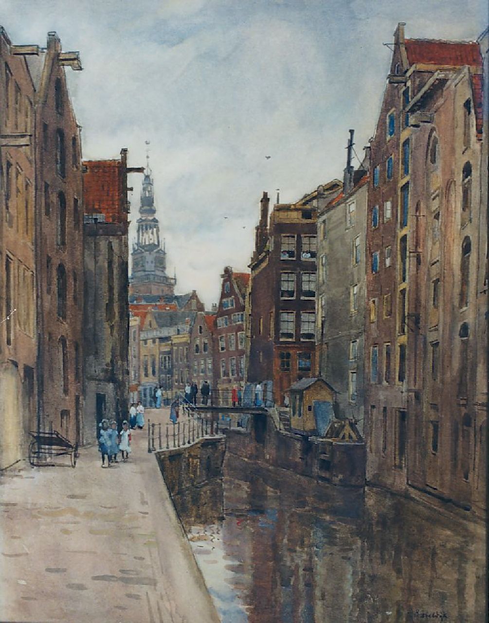 Bobeldijk F.  | Felicien Bobeldijk, A view of the Oude Kolk Amsterdam, with the Montelbaanstoren beyond, watercolour on paper 57.5 x 44.5 cm, signed l.r. and dated '19