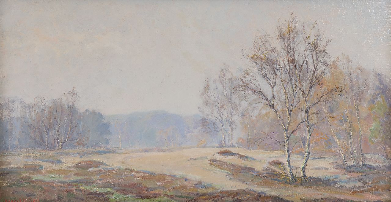 Meijer J.  | Johannes 'Johan' Meijer, A foggy autumn morning, oil on canvas 44.0 x 84.5 cm, signed l.l.