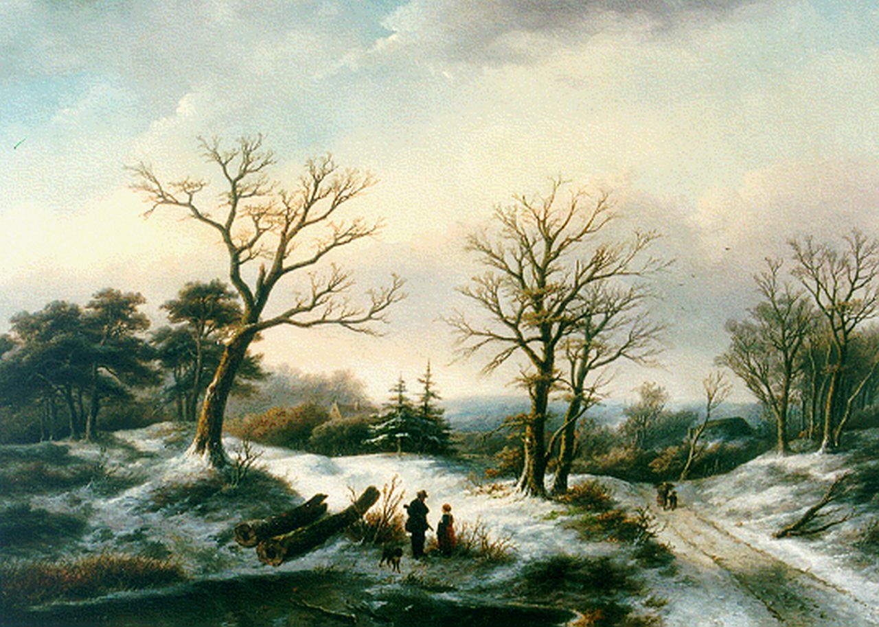 Spohler J.J.  | Jan Jacob Spohler, A winter landscape with a traveller and a hunter, oil on canvas 66.5 x 93.4 cm, signed l.l.